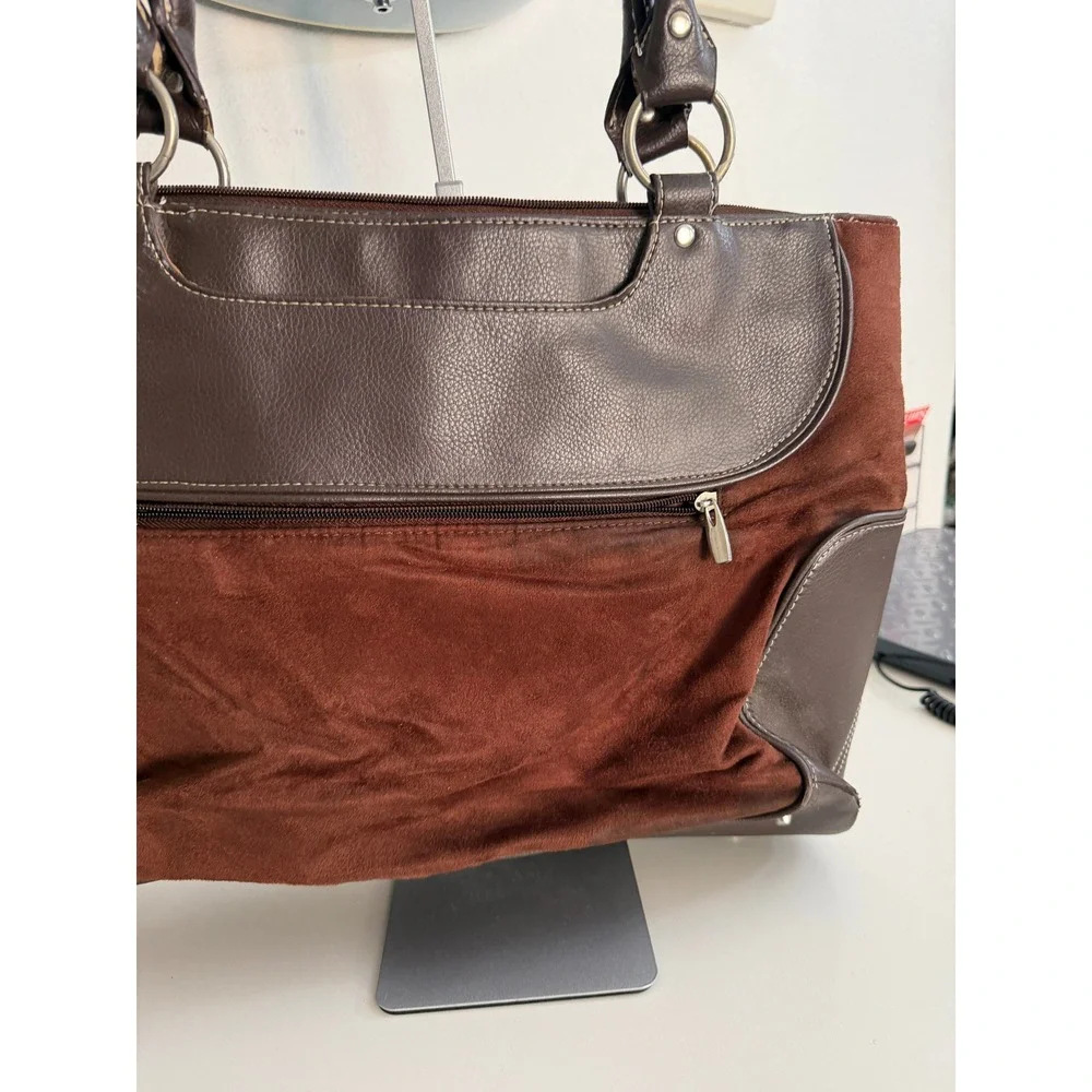 Brown Faux Suede Leather Laptop Tote Bag Professional Work Shoulder Bag 15in